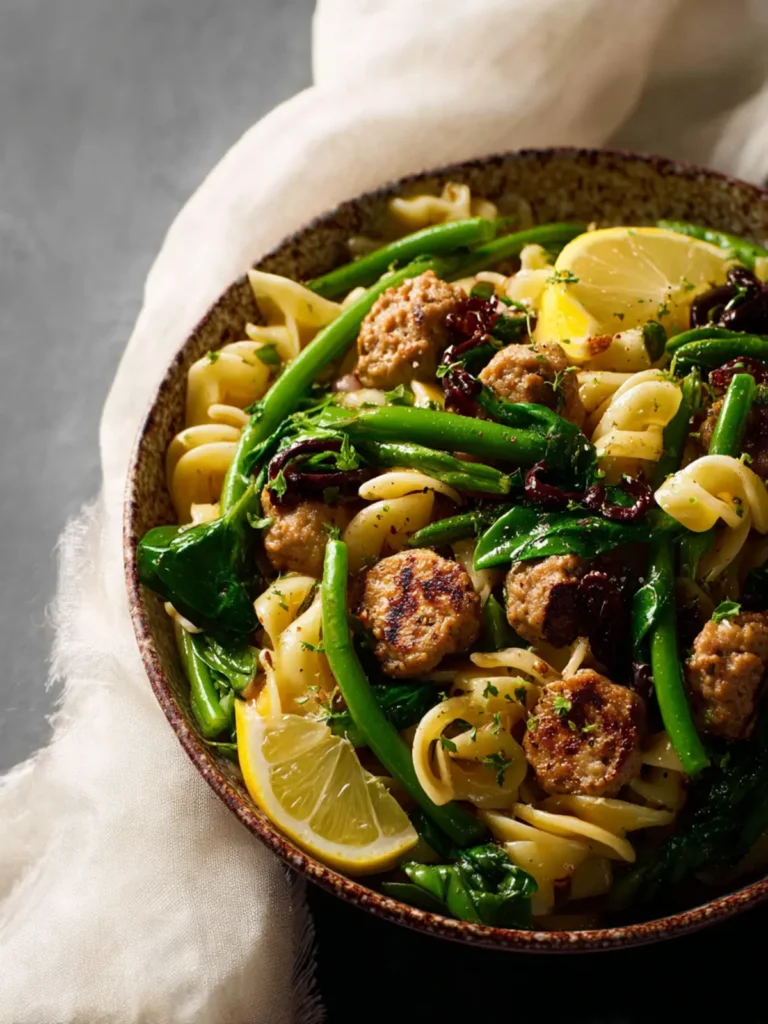 Chicken Sausage Pasta with Spinach, Lemon, and Green Beans First Image